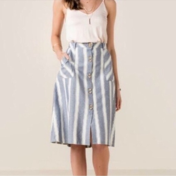 Alya Fit and Flare Navy Striped Cotton Midi Skirt Sz Medium Button Front - Picture 1 of 8